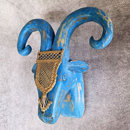 Blue Ram Head Handcrafted Wooden Wall Art